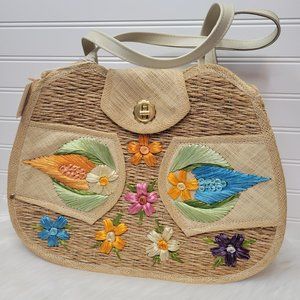 VTG 60s Straw Raffia Purse - Bags By Whidby Embroidered Flowers NWT 14.5"x11"x4"